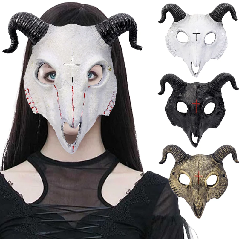 цена Halloween Goat Skull Mask Cosplay Animal Mask Horror Sheep Skull Horn Head Mask Horn Goat Skull Mask Halloween Party Decor