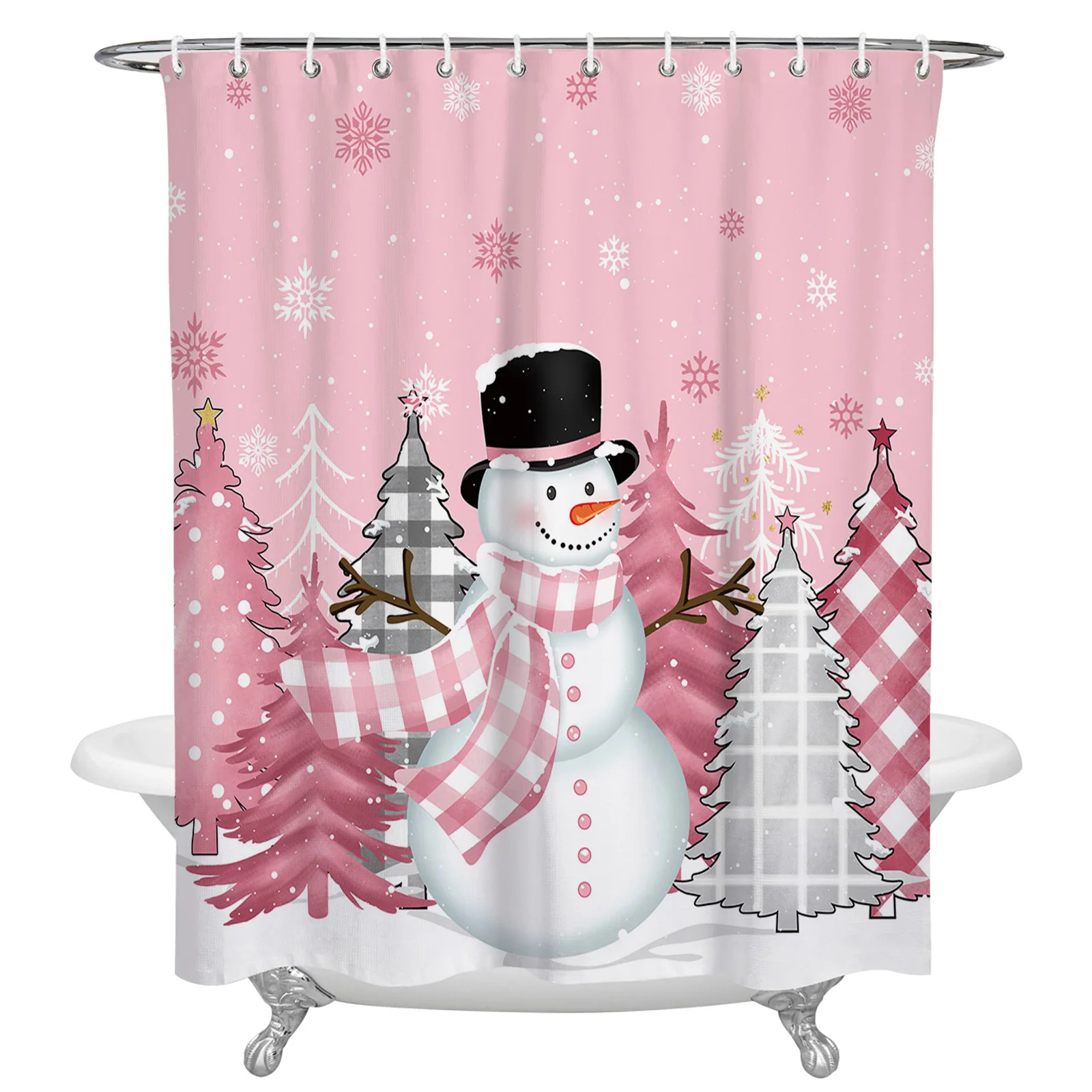 

Christmas Pink Christmas Tree Snowman Shower Curtains Waterproof Bath Curtains Home Decor Modern Luxury Bathroom Curtain