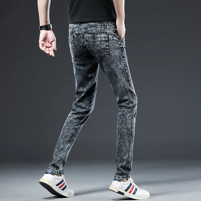 2024 Classic Korean Fashion Street Trendy Men Skinny Retro Snowflake Design Slim Fit Denim Pants New Elastic Cotton Men Jeans 6