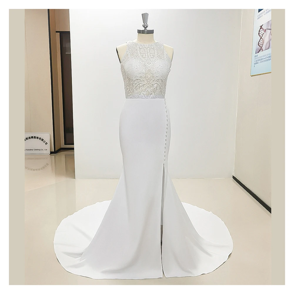 

Luxury White Wedding Dress O-Neck Sleeveless Lace Side Split Pearls Long Dresses for Elegant Bride Chapel Train Tailor Gown