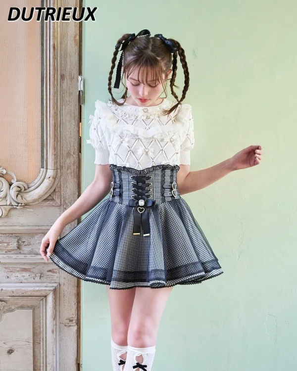 Mine Japanese Style Mass-Produced New Sweet High Waist Knotted Short Skirt Slimming Covering Mesh Belt Buckle A-line Mini Skirts