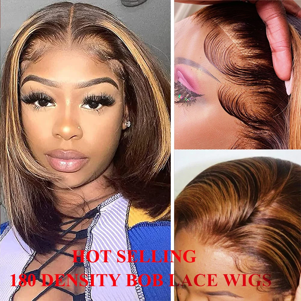 

16" Glueless Highlight Short Bob Wig Brazilian Straight Ombre 13×6×1 T Lace Human Hair Wigs Pre Plucked 4X4 Lace Closure Wigs