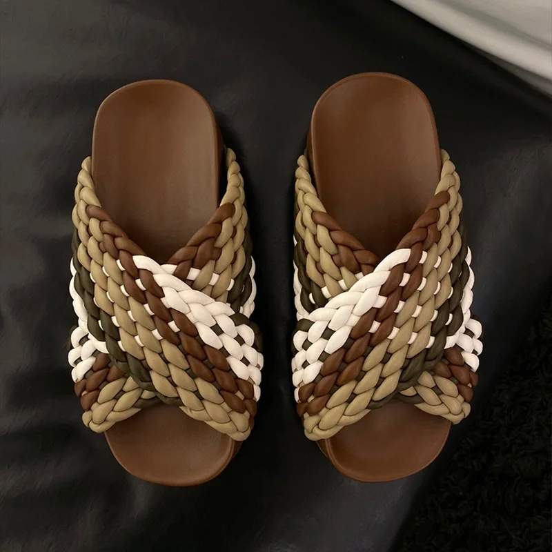 Genuine Leather Cross Toed Open Weave Half Slippers for Women's Fashion Outerwear, Thick Soled Slippers, Roman Beach Sandals