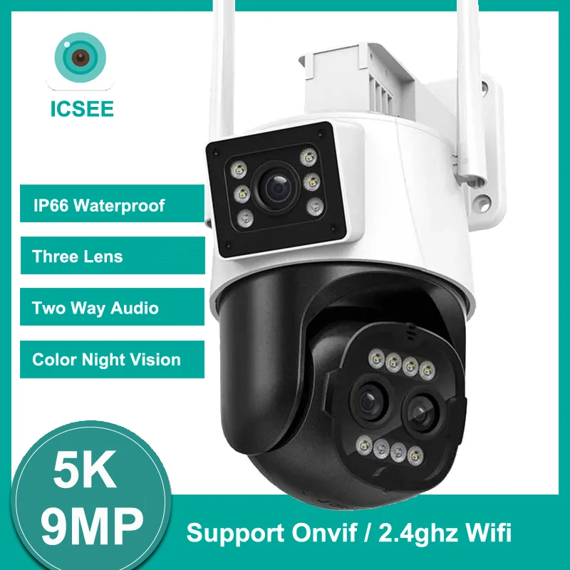 ICSEE 5K 9MP PTZ Wifi Camera Three Lens 8X Zoom Auto Tracking Two Way Audio Color Night Vision Wireless Onvif Survalance Camera