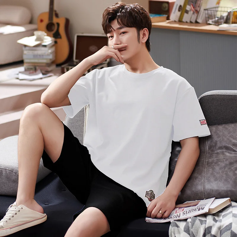 2022 New Summer Pajamas Men's Cotton Short Sleeved Shorts Spring And Autumn  Youth Large Size Home Clothes Can Be Worn Out