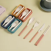 Wheat Straw Cutlery Students Spoons Forks Chopsticks with Box Tableware Travel Portable Travel Detachable Kitchen Accessories 1