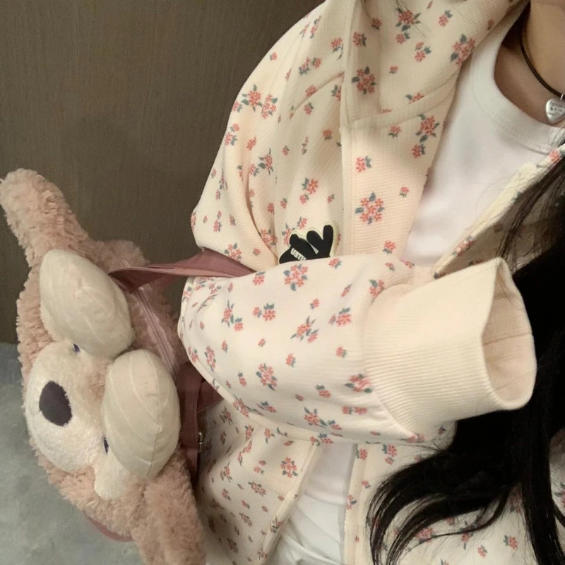 HOUZHOU Korean Fashion Sweet Hoodie for Women Flowers Print Oversize Zip-up Hooded Sweatshirts College Coquette Aesthetic Tops