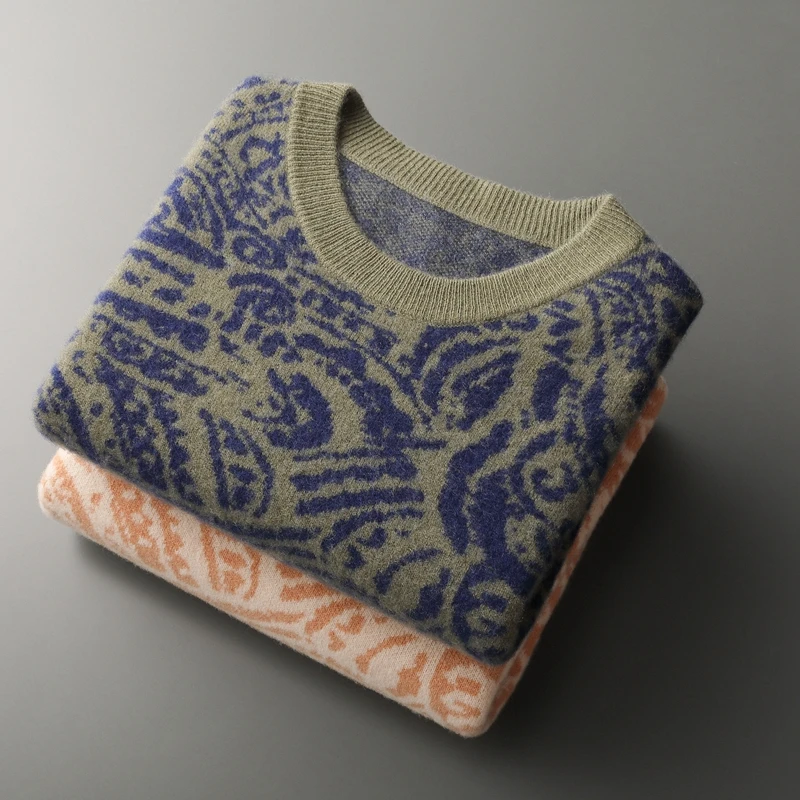 2023 Autumn and Winter Man 100% Wool Cashmere Sweater National Style Jacquard Thickened Jumper Round Neck pullover Long-Sleeved