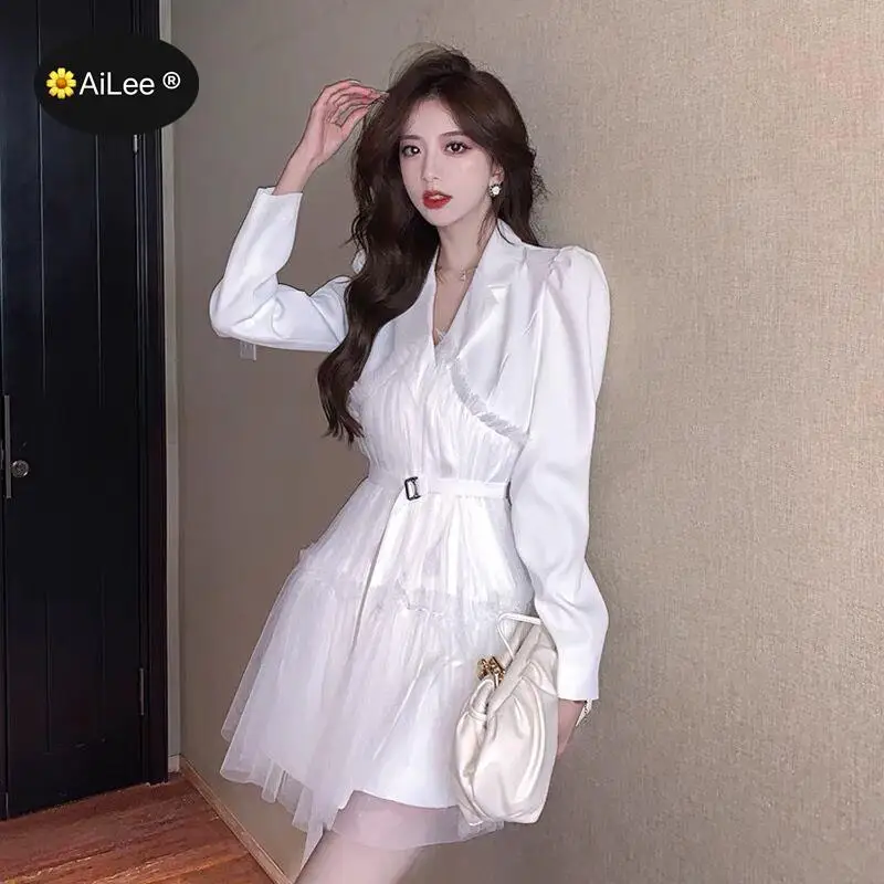 L-4XL Autumn Winter Fashion Blazer Puff Sleeve Mesh Ruffle Dress Women Elegant Retro Chic Blazer Ball Gown Dress Women Trench