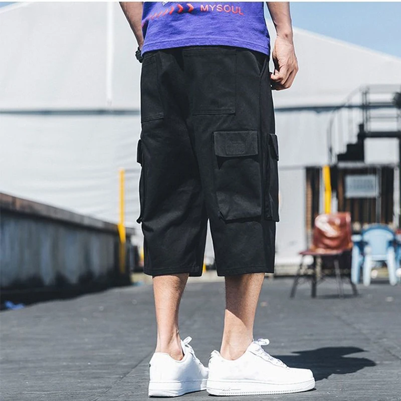 Summer Workwear Shorts Men's Loose Thin Capris Casual Shorts Pants Large Capris Multi Pocket Drawstring Cargo Shorts Male