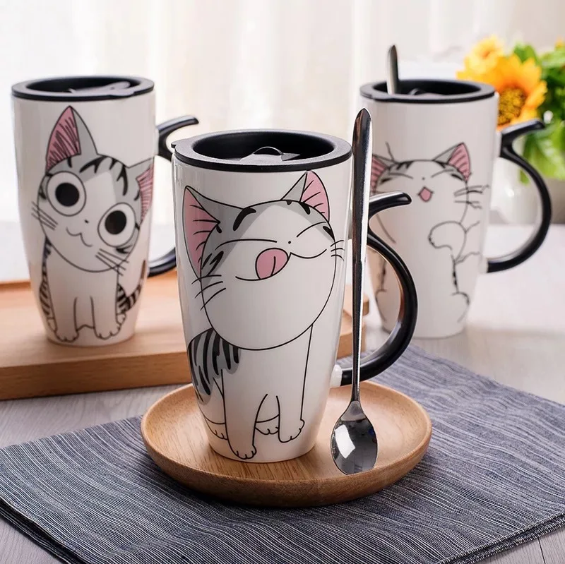 Ceramic cat mug with lid and spoon