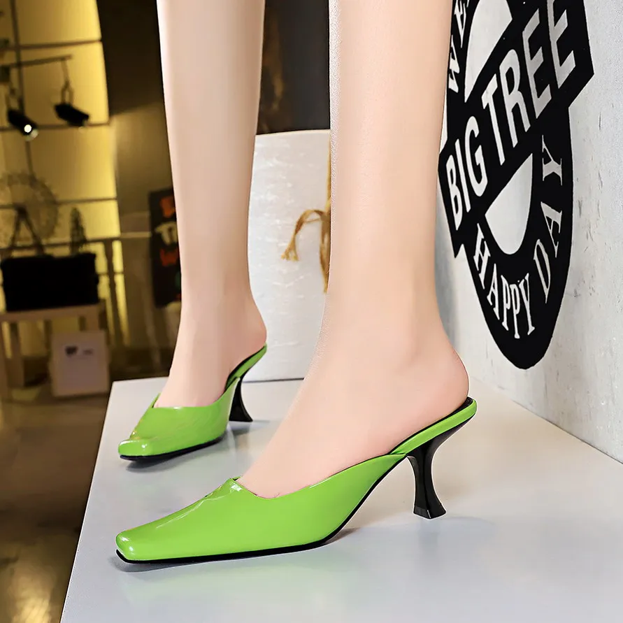 ZOOKERLIN Summer Square Toe Stiletto Solid Color PU Leather Women's Slippers Slip On Slides Simple Outdoor High Heels Women Pump