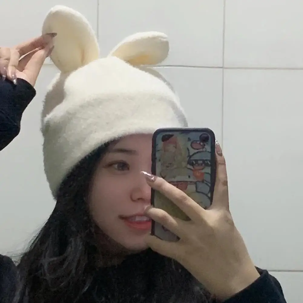 

Cute Rabbit Ears Knitted Hats for Women Autumn Winter Warm Panama Soft Rabbit Fur Beanie Cap Girls Skullies Ski Hat Gorras R8A2