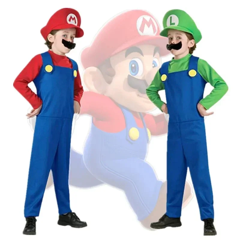 Anime Luigi Brothers Cosplay Costume Marios boy Jumpsuit Beard Hat Set Halloween Costume