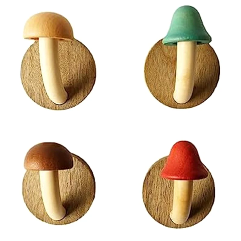 

4Piece Fun Wooden Mushroom Coat Hook Non-Perforated Solid Wood Hook Kitchen Bathroom Cloakroom Door Hook Wooden