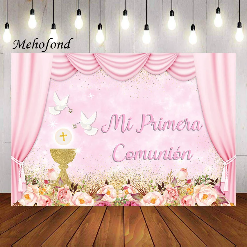 Mehofond Fotografia Sfondo Ragazza Battesimo Mi Primera Comunion Battesimo Glitter Calice Rosa Decor Sfondo Studio Fotografico