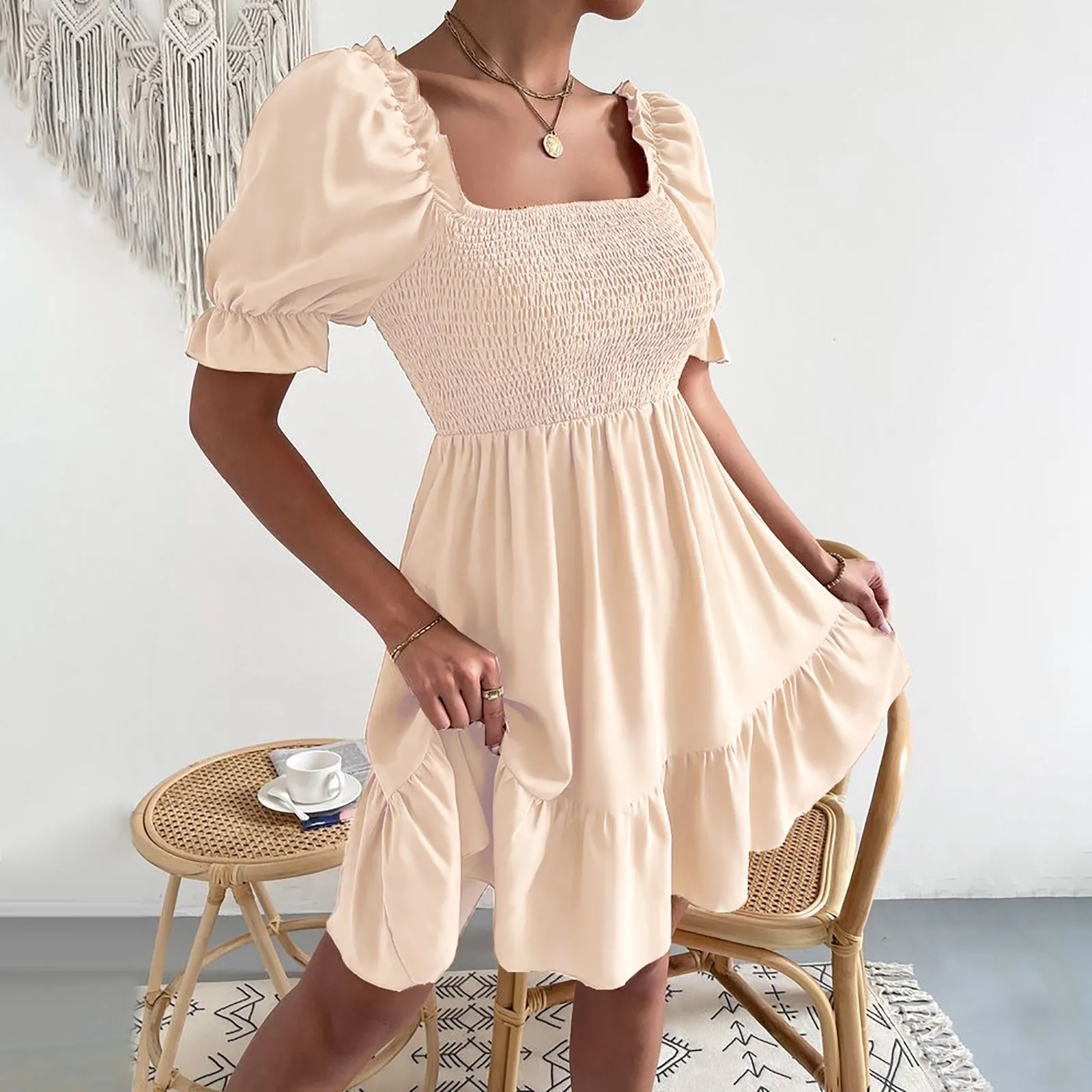 

Womens Summer Dresses Square Neck Lantern Sleeve Elastic Backless Ruffle A-Line Casual Dress Beach Club Party Dresses Vestidos