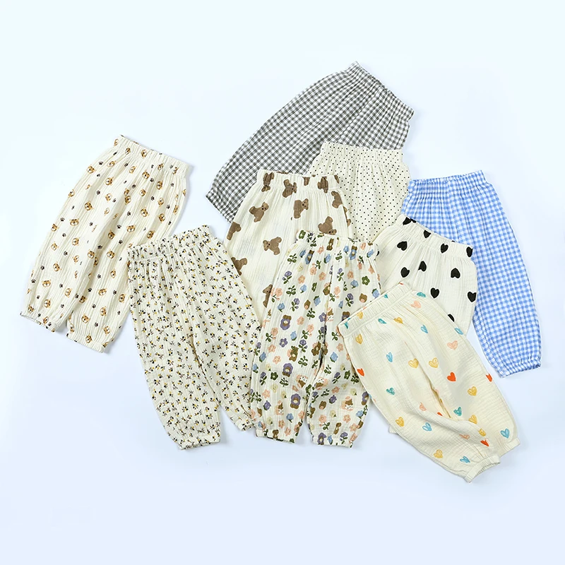 Children Summer Linen Pants Solid Print Bear Cartoon Breathable Teenage Outfits Clothes Korean Kids Boys Girls Trousers