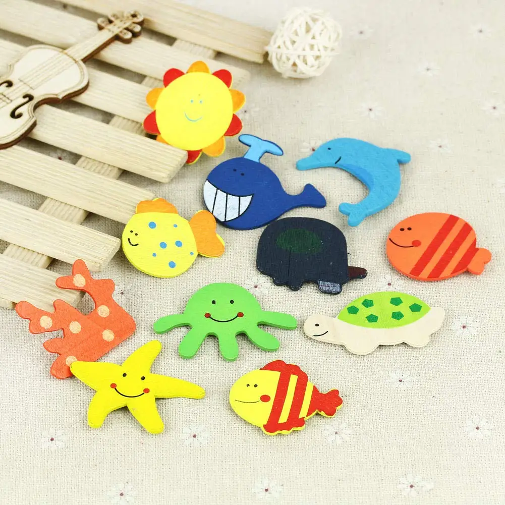 Cute Fridge Magnet Stickers 12Pcs/Set Wooden Cartoon Shape