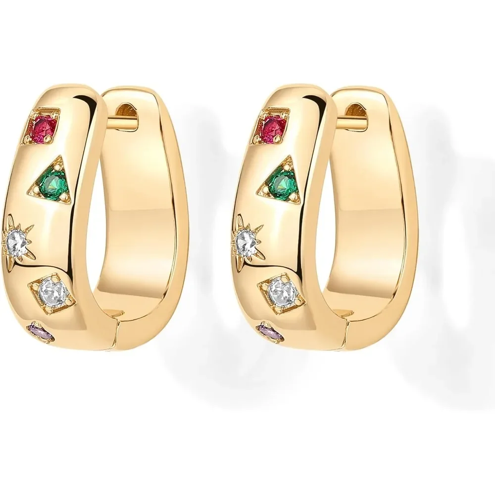 14 Karat vergoldete 925er-Sterlingsilber-Pfosten, klobige Huggie-Ohrringe für Damen, mehrfarbige Statement-Creolen mit Zirkonia