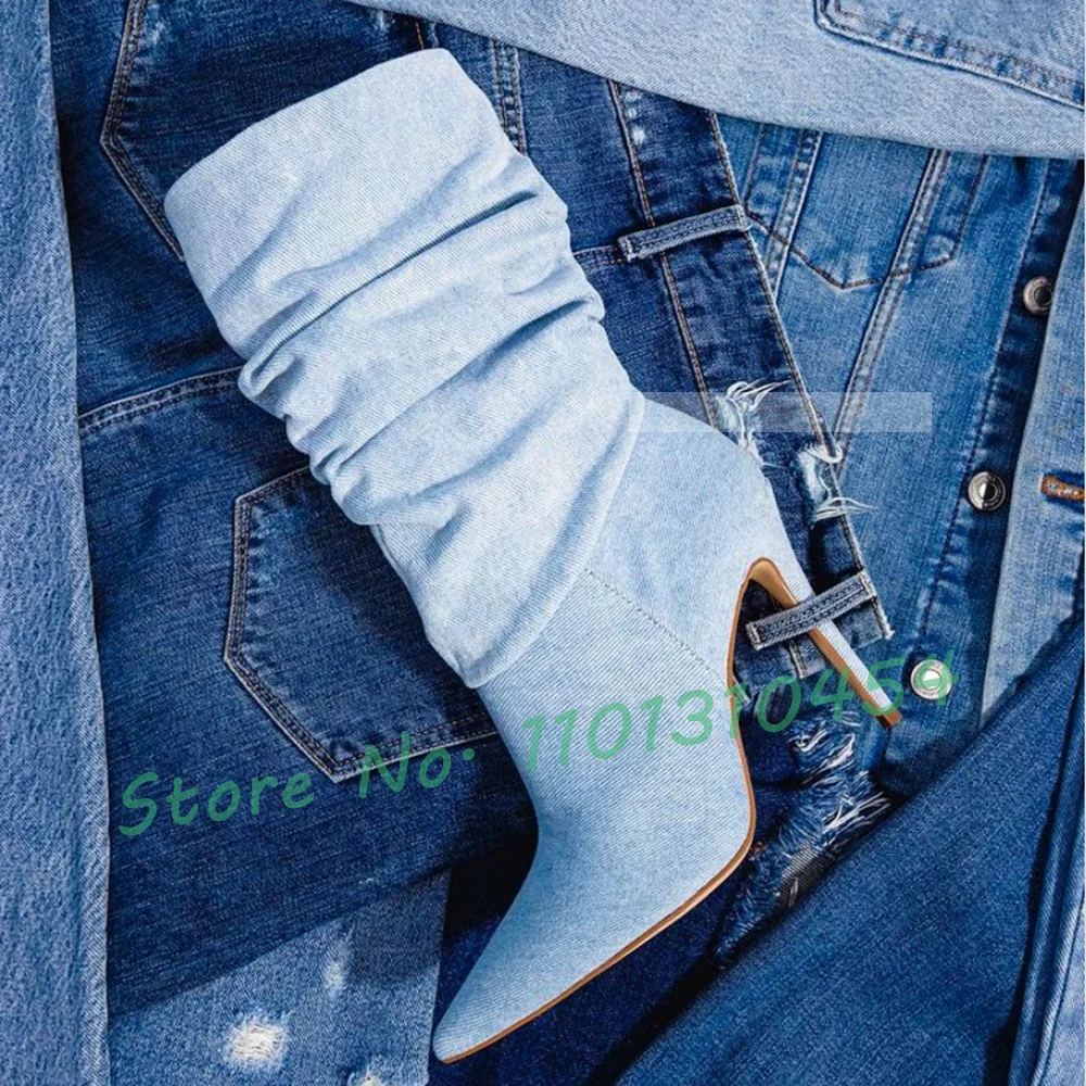 

Light Blue Denim Ankle Boots Women Spring Slouch Pointy High Heels Jeans Boots Wide Fit Female Slip On Solid Dress Cowboy Shoes