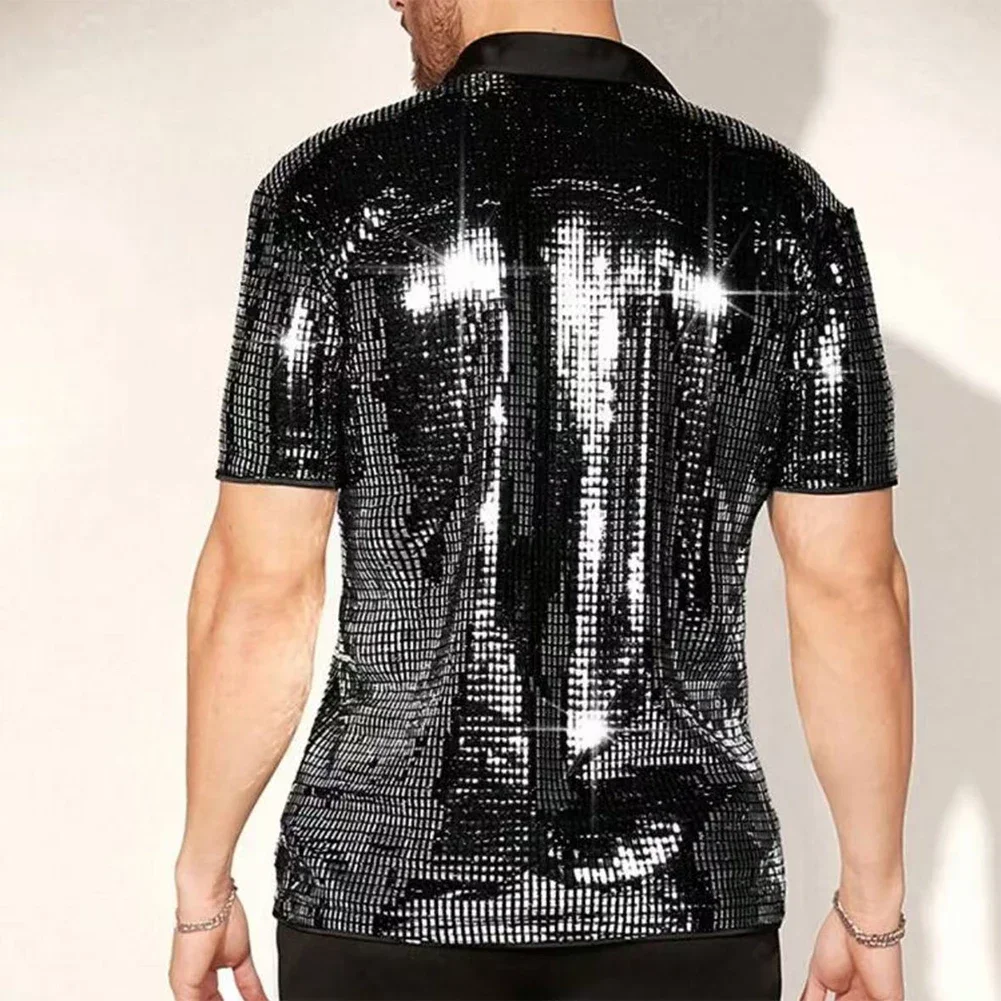 Herren Vintage 70er Disco Club Hemd Glänzende Pailletten Kurzarm Button-Down-Hemd