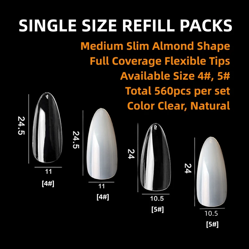 

560pcs Full Cover Medium Almond False Nails REFILL Packs Single Size 4# 5# Flexible Fake Nail Artificial Art Tip Salon Manicure