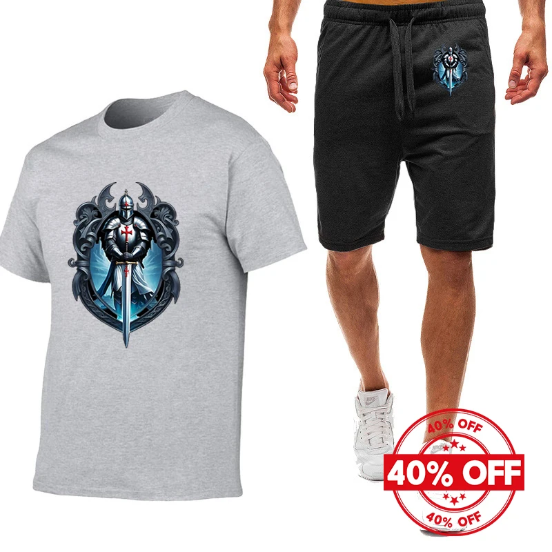 Mens Summer Knights Templar Print Short Sleeve Tshirt and Quick Dry Pants