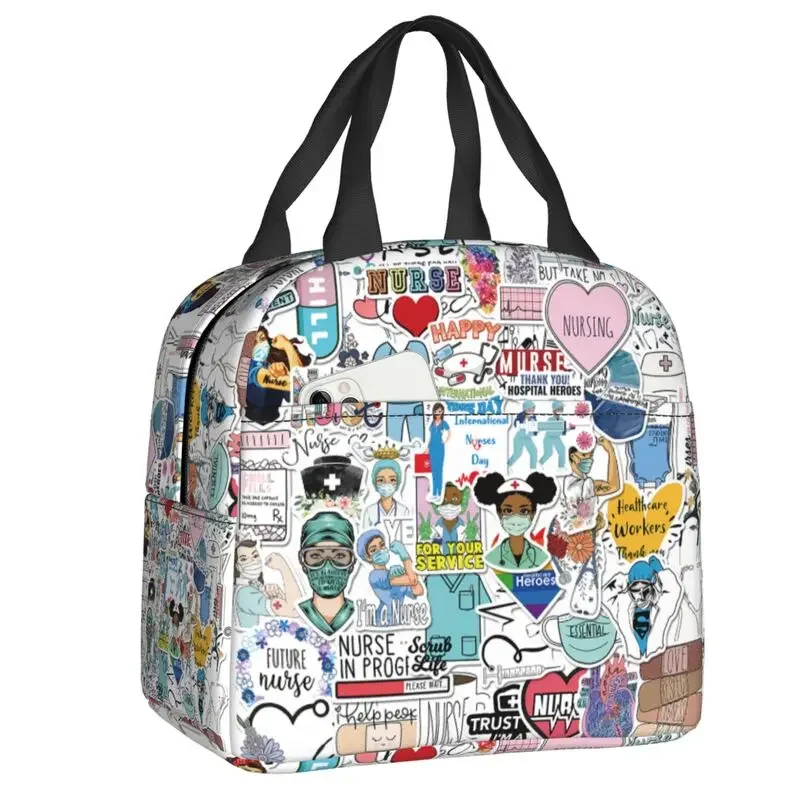 

Cartoon Doctors Nurse Lunch Bag Women Nursing Medical Print Portable Cooler Thermal Insulated Lunch Box for Work Food Bento Box