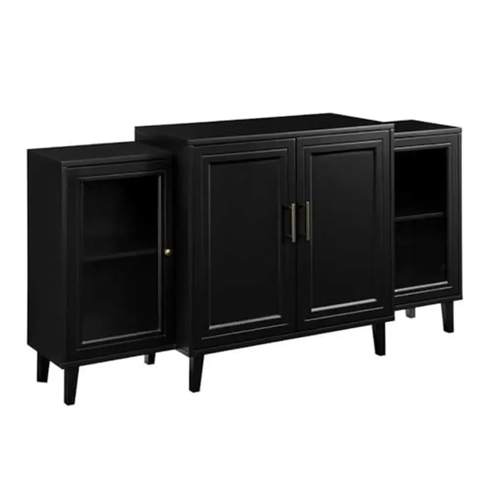 Black Wood Glass Door Tiered Sideboard Buffet Stand Adjustable Shelves Storage