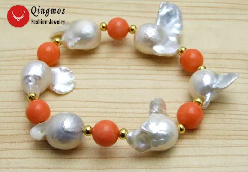 Qingmos 15-25mm Baroque Nuclear Natural White Pearl Bracelet for Women Jewelry with 9-10mm Natural Pink Coral Bracelet 7.5''