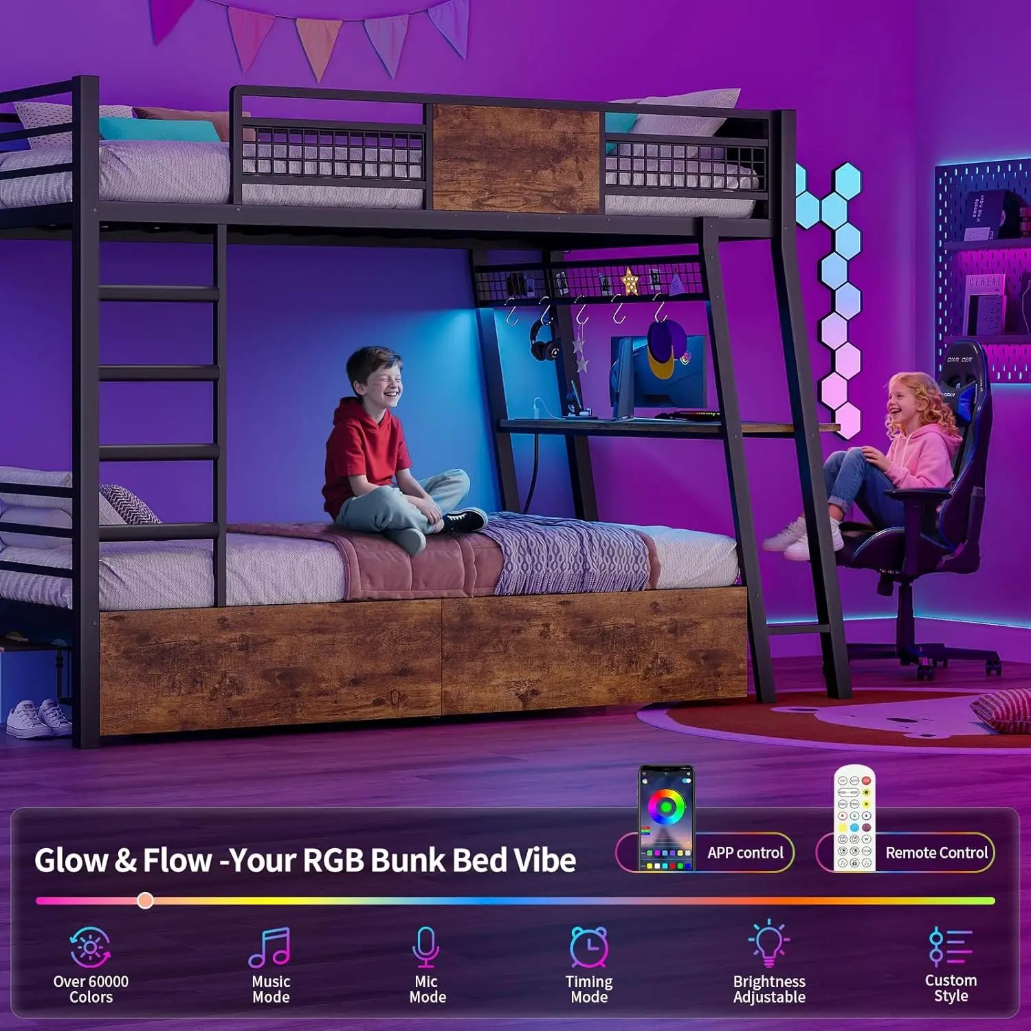 Bunk Bed Twin Over Twin, Bunk Beds with desk, Power Outlets, RGB LED Lights, Storage Drawers,Twin Bunk Bed With Safety Guardrail