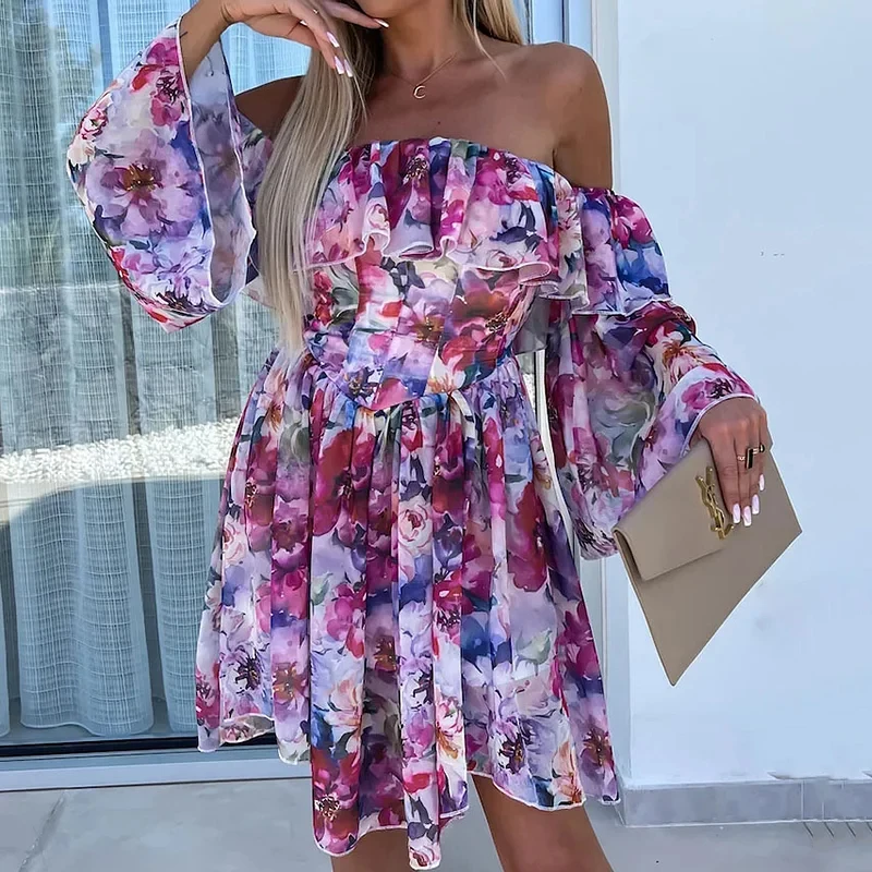 

Ellafads Women Mini Dress Elegant Fashion Floral Print Half Sleeve Off Shoulder Strapless Pleated Nipped Waist Slim Short Dress