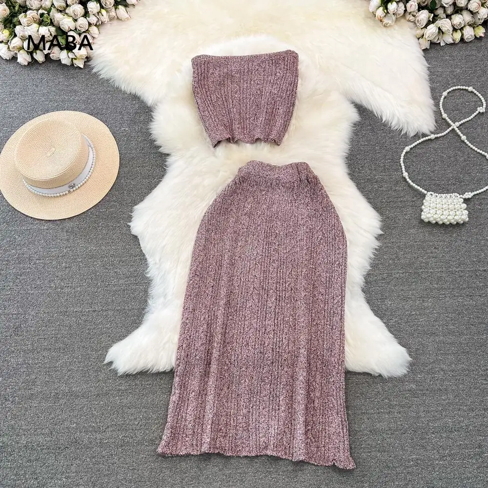 

Fashion Sexy Knitted Skirt Two Piece Set Women Autumn Off Shoulder Strapless Crop Top+bodycon Bag Hip Long Half Skirt Party Suit