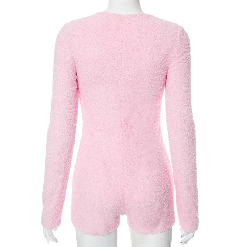 Autumn Winter Fleece Playsuits 2023 Women Sexy Hollow Out U-Neck Long Sleeve Slim Shorts Jumpsuits Casual Rompers Streetwear