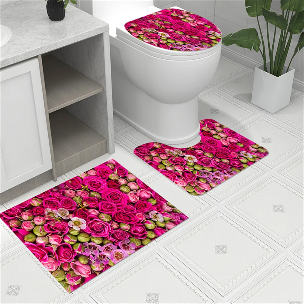 

Rose Bathroom Set Carpet Romantic Floral Bathroom Decor Set Girls Valentine's Day Bathroom Decor