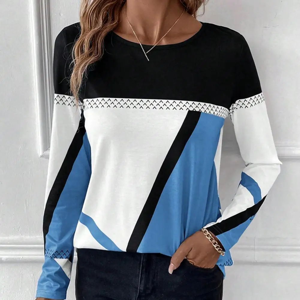 

Women Lightweight Long-sleeve Top Geometric Print Patchwork Women's Blouse Soft Breathable Casual Top for Fall Spring Super-soft