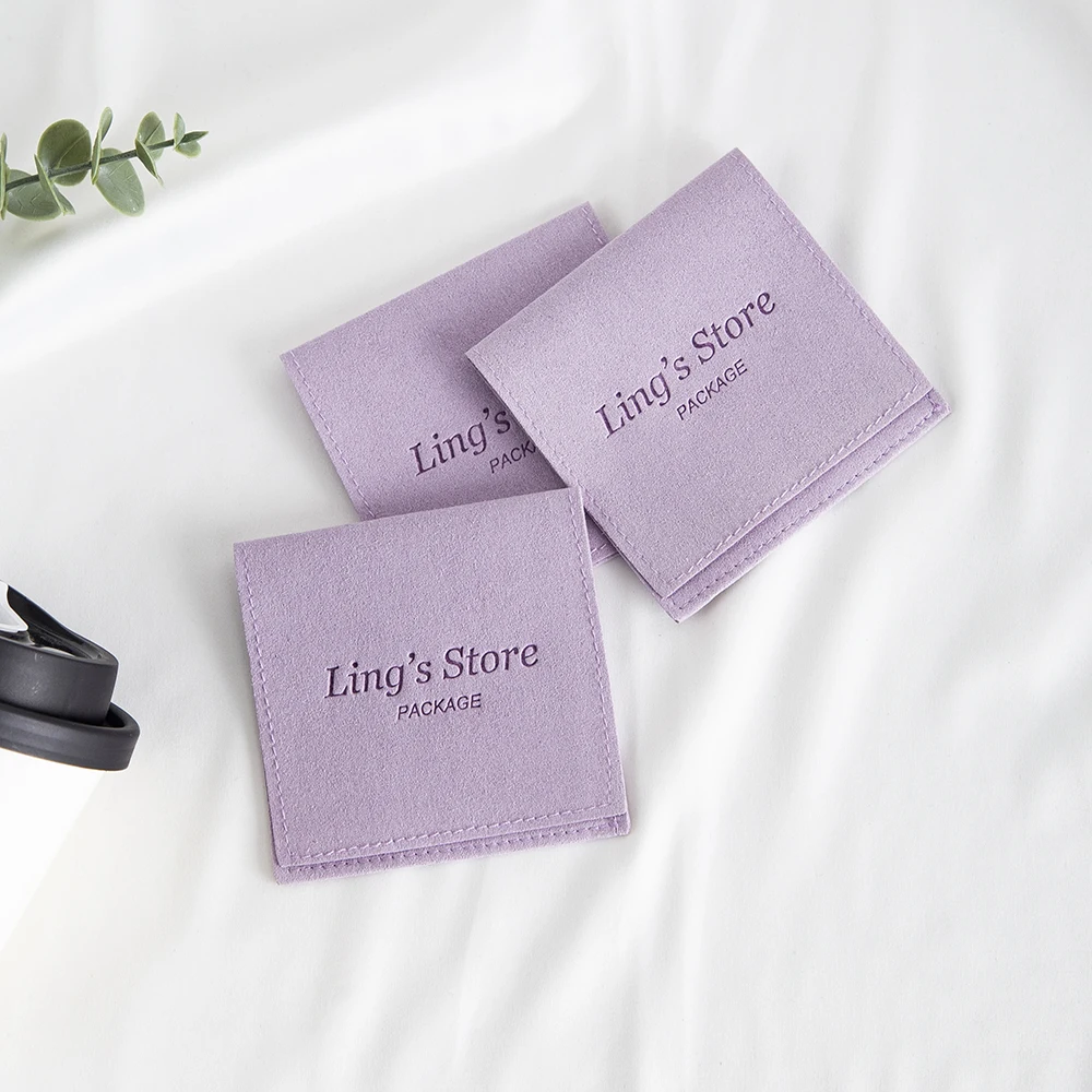 100 Stück violette Schmuckverpackungsbeutel mit individuellem Logo, Mikrofaser-Geschenkumschläge, Reise- und Hochzeitsbeutel, tragbare Taschen, personalisierbar – Detail 5