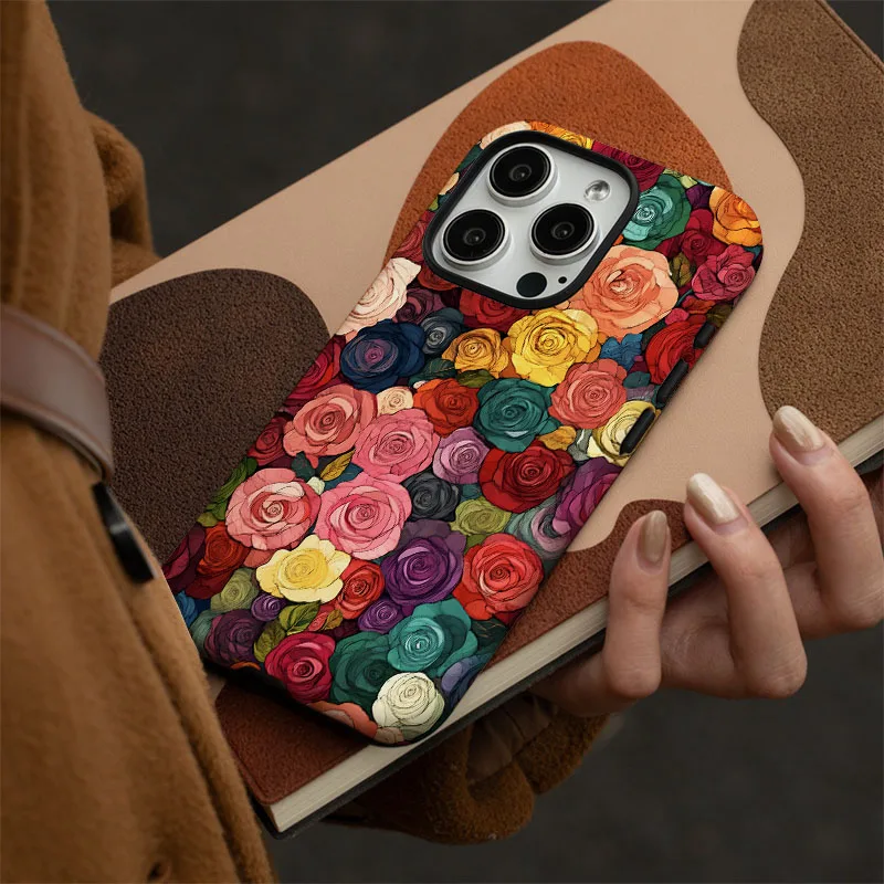 Colorful Flower Shockproof Bumper Phone Case with 2-in-1 Film Shell Design