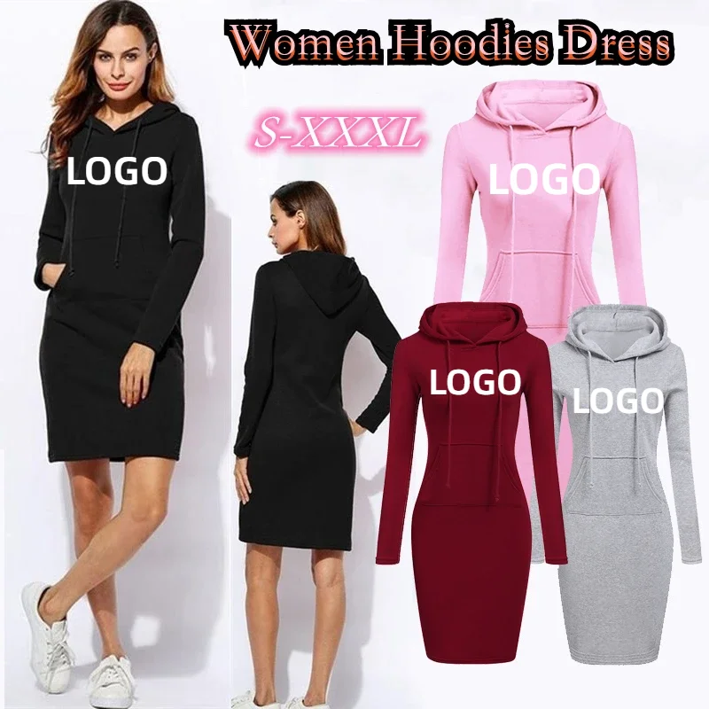 

Custom LOGO New Fashion Women's Hoodie Dress Long Sleeve Hoodie Casual Hooded Jumper Pockets Sweatershirt Tops Female Mini Dress