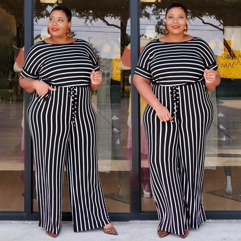 Plus Size Women Jumpsuit Summer Striped One Piece Outfit 2022 Fashion Loose Wide Leg Pant Lady Tracksuit Sexy Clothing