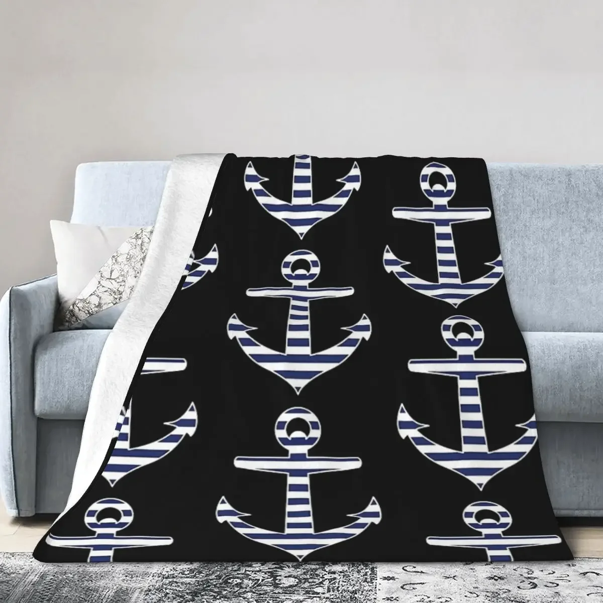 

Horizontal Striped Anchor, Cool Nautical Blankets Soft Warm Flannel Throw Blanket Cover for Bed Living room Picnic Travel Home