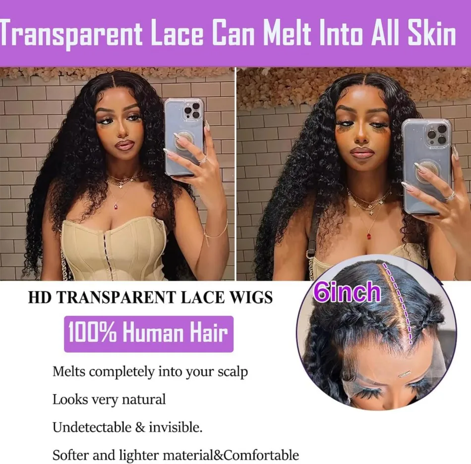 Deep Wave 13X6 Hd Lace Front Human Hair Wig 100% Human Hair 250 Density 40 Inch 13X4 Black Pre Plucked Brazilian Wigs For Women