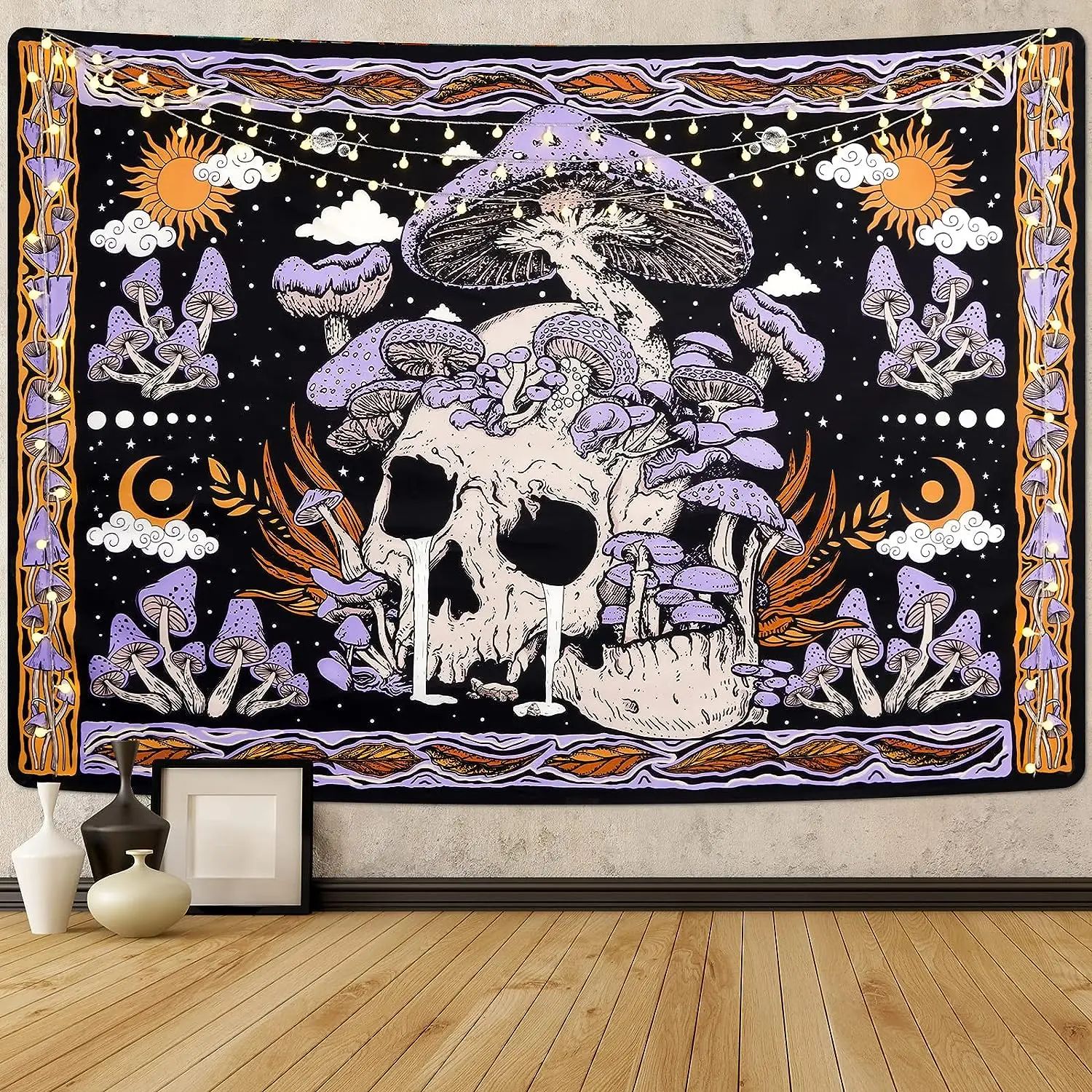 

Mushroom Tapestry Skull Wall Art Skeleton Leaves Tapestry Large Purple Cloth for Bedroom Room Decoration Accessories Boho Decor