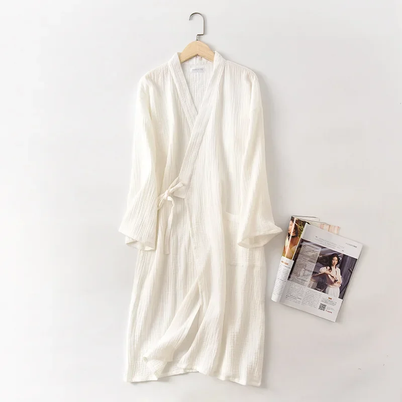 Couples Crepe Gauze Bathrobe Solid 100% Cotton Robe Long-sleeved V-neck Kimono Wedding Robes Sleepwear Plus Size Dressing Gown cotton bathrobe