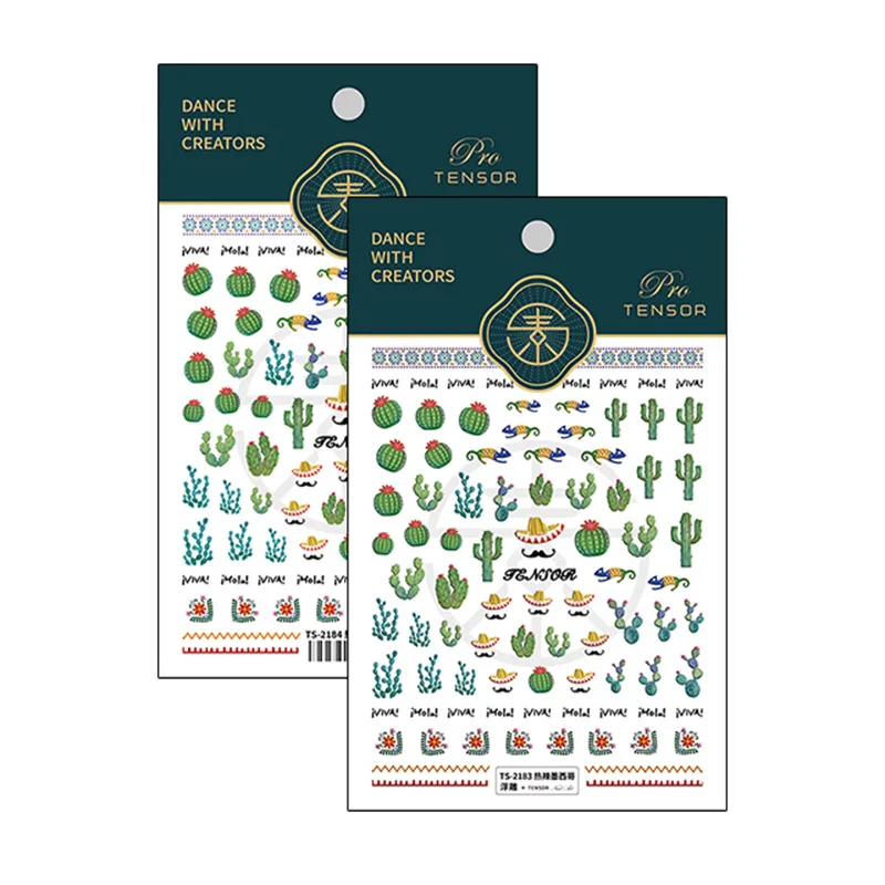 1 Sheet 5D Realistic Relief Green Cactus Mustache Straw Hat Hot Mexico Life Adhesive Nail Art Stickers Decals Manicure Charms