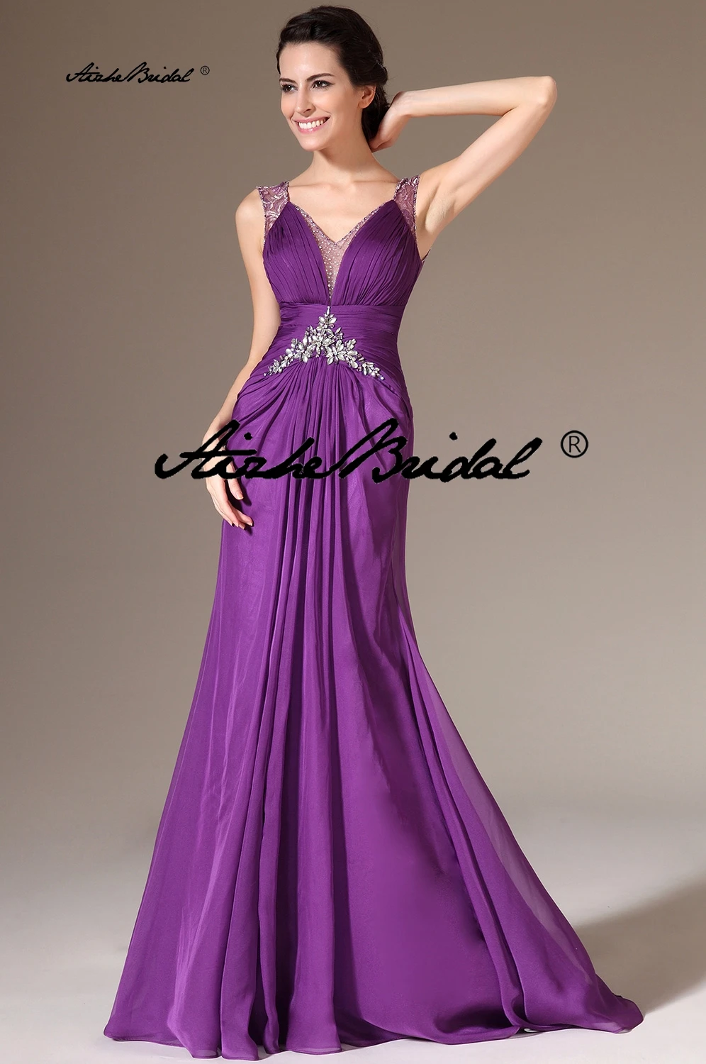 V Neck Shiny Beaded Evening Dress With Lace Back Long Dress For Women's