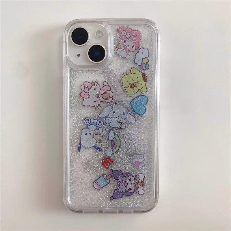 

Kawaii Sanrio Anime Hello Kitty My Melody Cinnamoroll Cute Cartoon IPhone15 Quicksand Mobile Phone Case Anti Fall Girly Heart