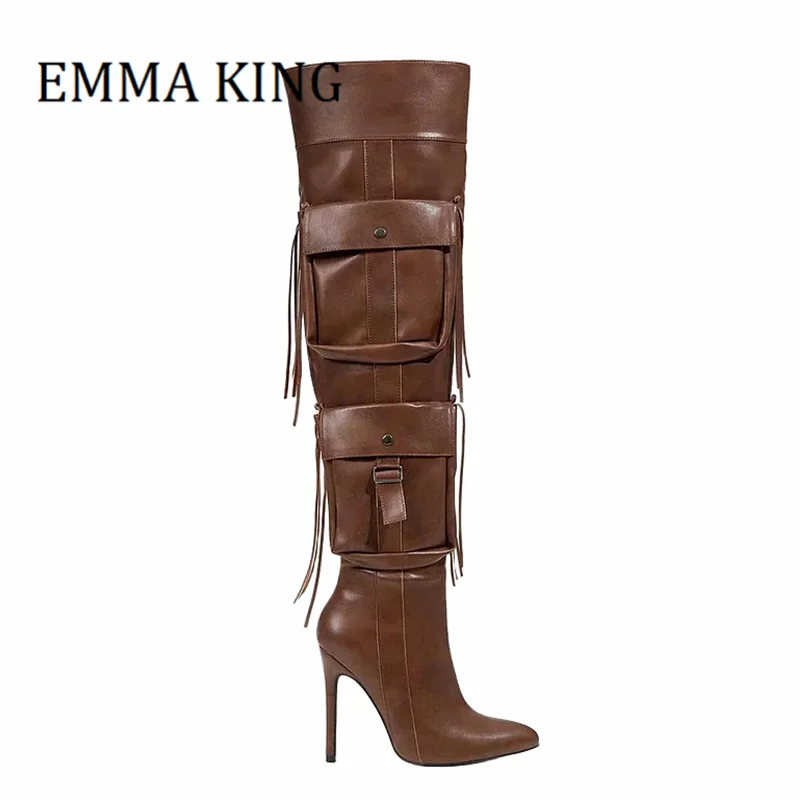 

Women Fringe Pocket Thigh High Boots Sexy Pointed Toe Stiletto Heels Over The Knee Boots Fashion Side Zip Botas De Mujer Big 44