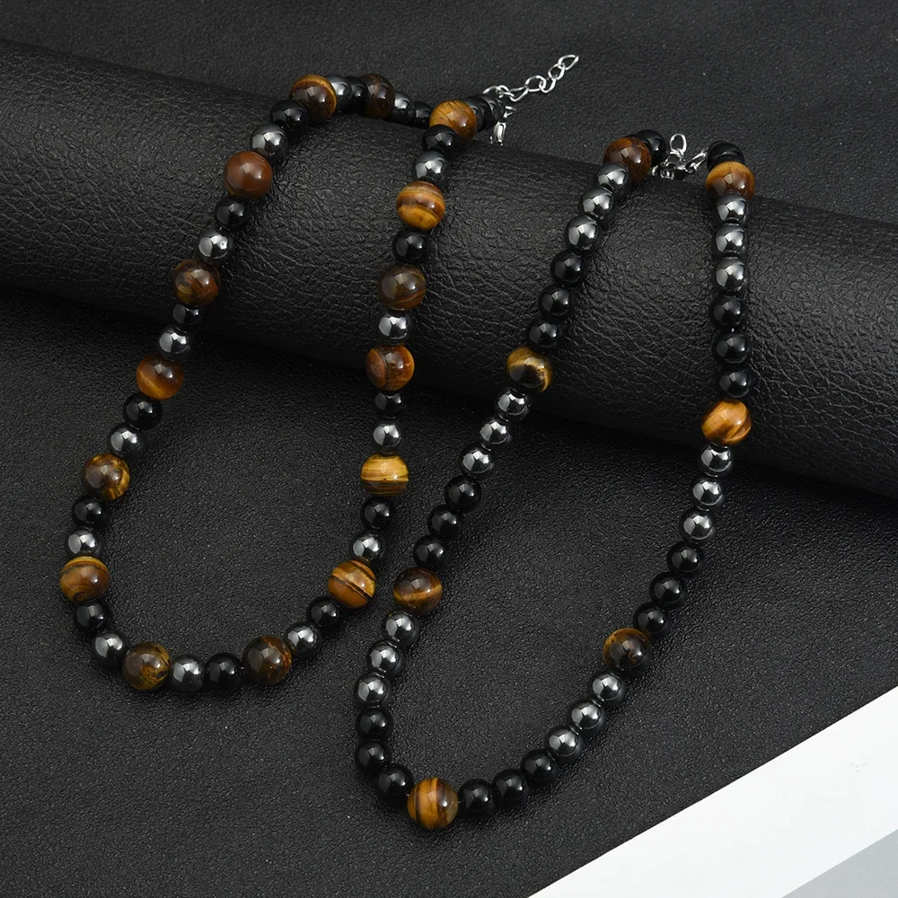 Men Obsidian Natural Tigers Eye Beaded Necklace Power Fitness Yoga Slimming Necklace Jewelry Treating Cervical Pain